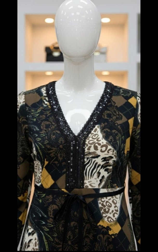 Kahverengi Desenli V Yaka Uzun Bohem Elbise - Görsel 2