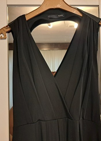 Batik Siyah Deri Detaylı V Yaka Drapeli Elbise - Görsel 2