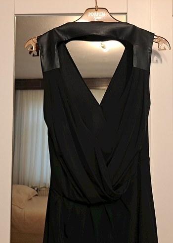 Batik Siyah Deri Detaylı V Yaka Drapeli Elbise - Görsel 3