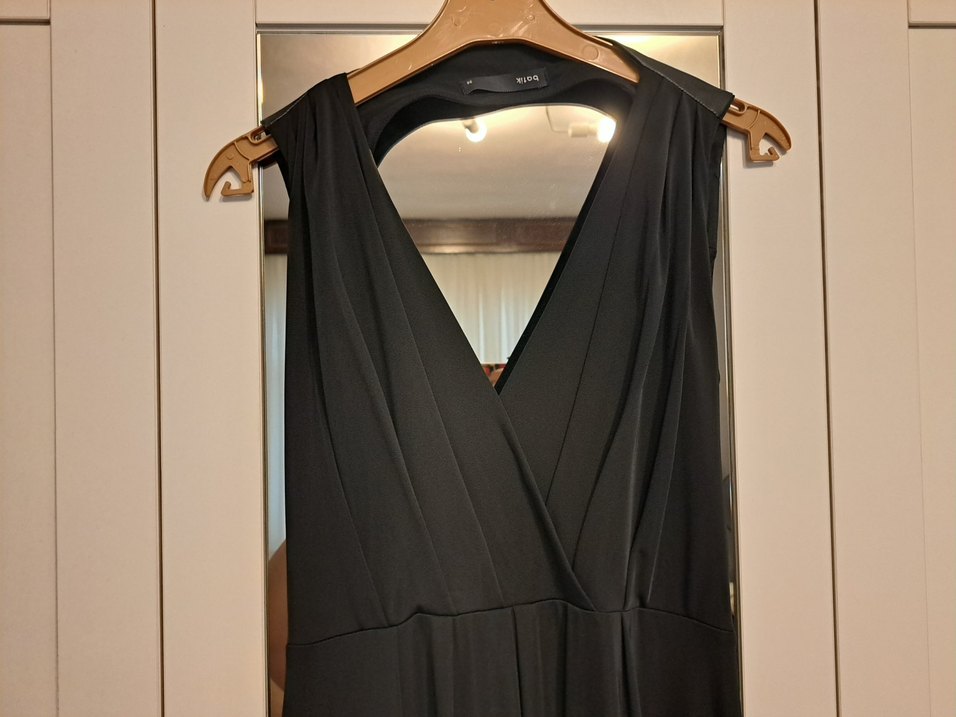 Batik Siyah Deri Detaylı V Yaka Drapeli Elbise - Görsel 2