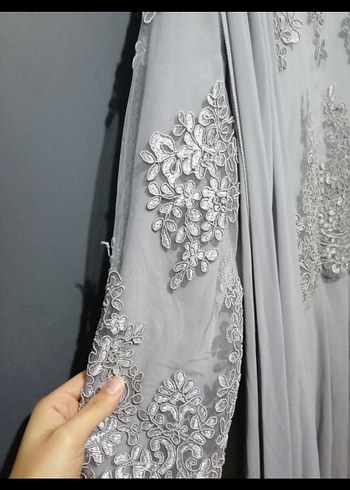 Gri Nakışlı Uzun Kollu Uzun Elbise - Görsel 7
