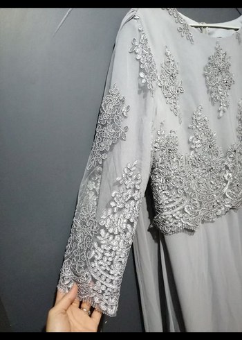 Gri Nakışlı Uzun Kollu Uzun Elbise - Görsel 3