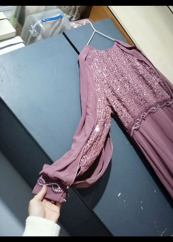 Uzun Kollu Mor Salaş Kadın Abiye Elbise - Görsel 4