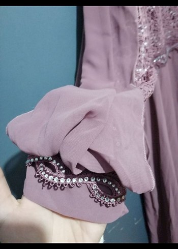 Uzun Kollu Mor Salaş Kadın Abiye Elbise - Görsel 5