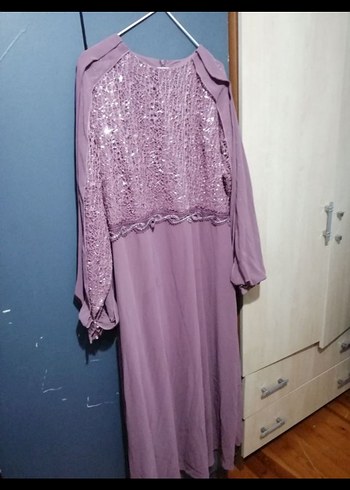 Uzun Kollu Mor Salaş Kadın Abiye Elbise - Görsel 2