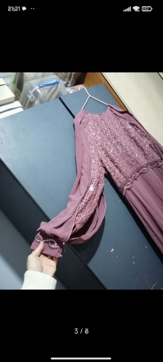 Uzun Kollu Mor Salaş Kadın Abiye Elbise - Görsel 4