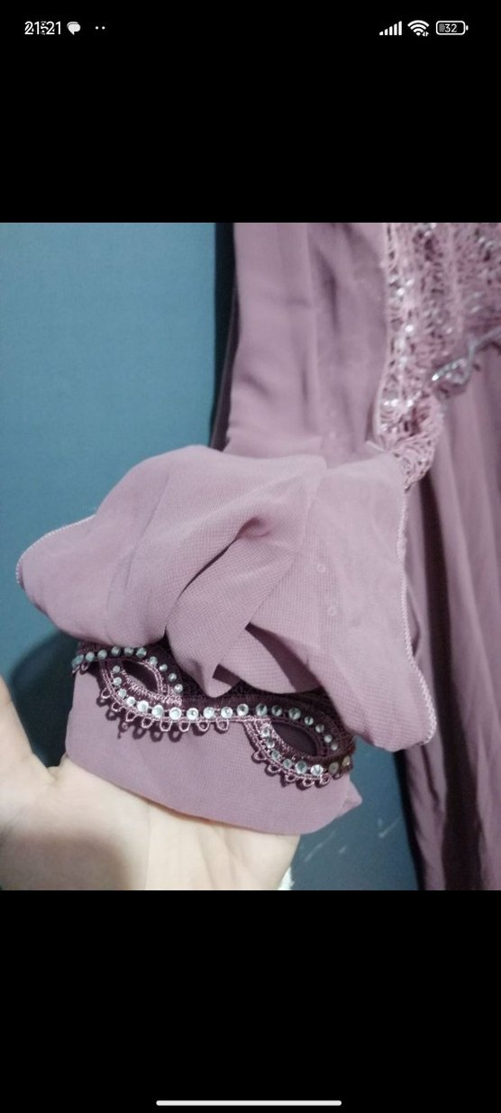 Uzun Kollu Mor Salaş Kadın Abiye Elbise - Görsel 5