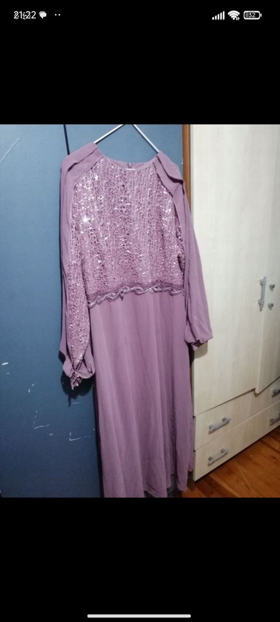 Uzun Kollu Mor Salaş Kadın Abiye Elbise - Görsel 2