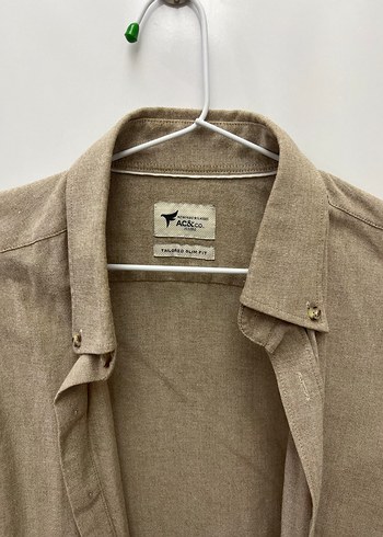 Bej Keten Erkek Gömlek, Düğmeli, Uzun Kollu - Görsel 3