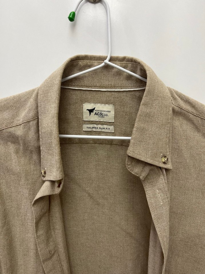 Bej Keten Erkek Gömlek, Düğmeli, Uzun Kollu - Görsel 3