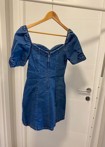 Mavi V Yaka Düğmeli Denim Mini Elbise - Görsel 2