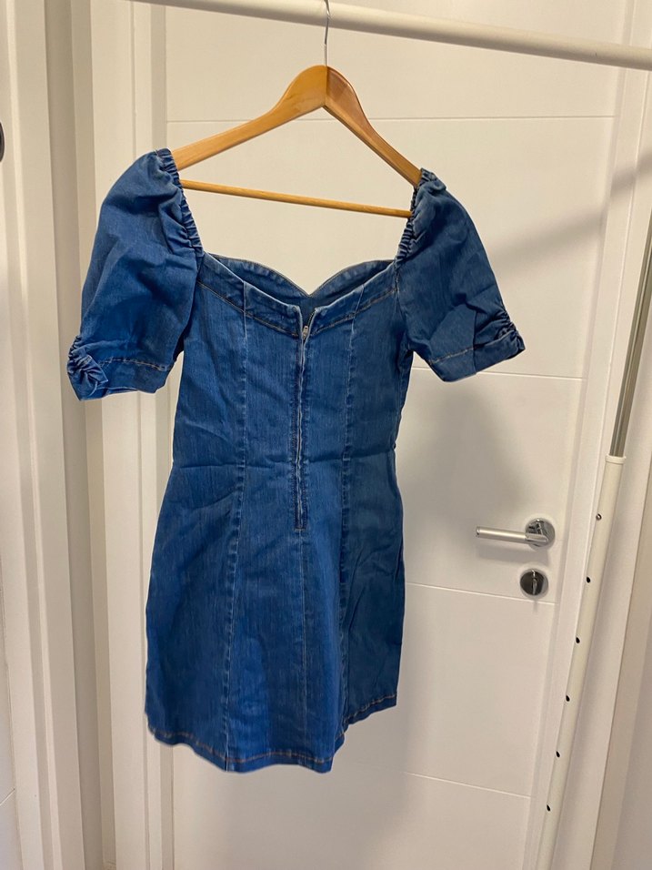 Mavi V Yaka Düğmeli Denim Mini Elbise - Görsel 2