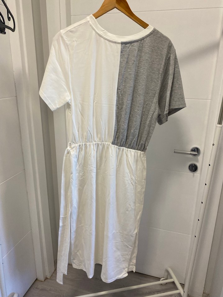 Gri Beyaz Kemerli Midi Elbise - Görsel 2