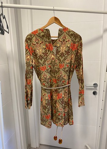 Çiçek Desenli Uzun Kollu mini keten elbise - Görsel 2