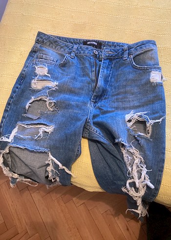 Kadın Mavi Bol Kesim Yırtık Kot Pantolon - Görsel 3