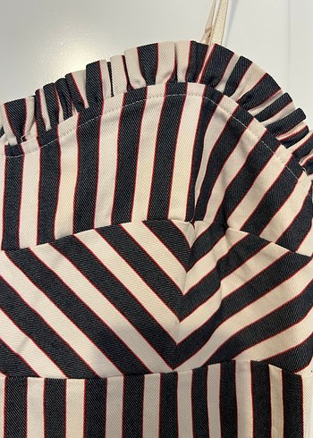 Çizgili Siyah Straplez Mini Elbise - Görsel 2