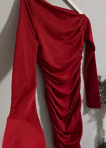 Kırmızı Drapeli Uzun Kollu Kadın Elbise - Görsel 2
