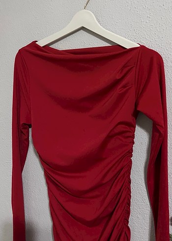 Kırmızı Drapeli Uzun Kollu Kadın Elbise - Görsel 5