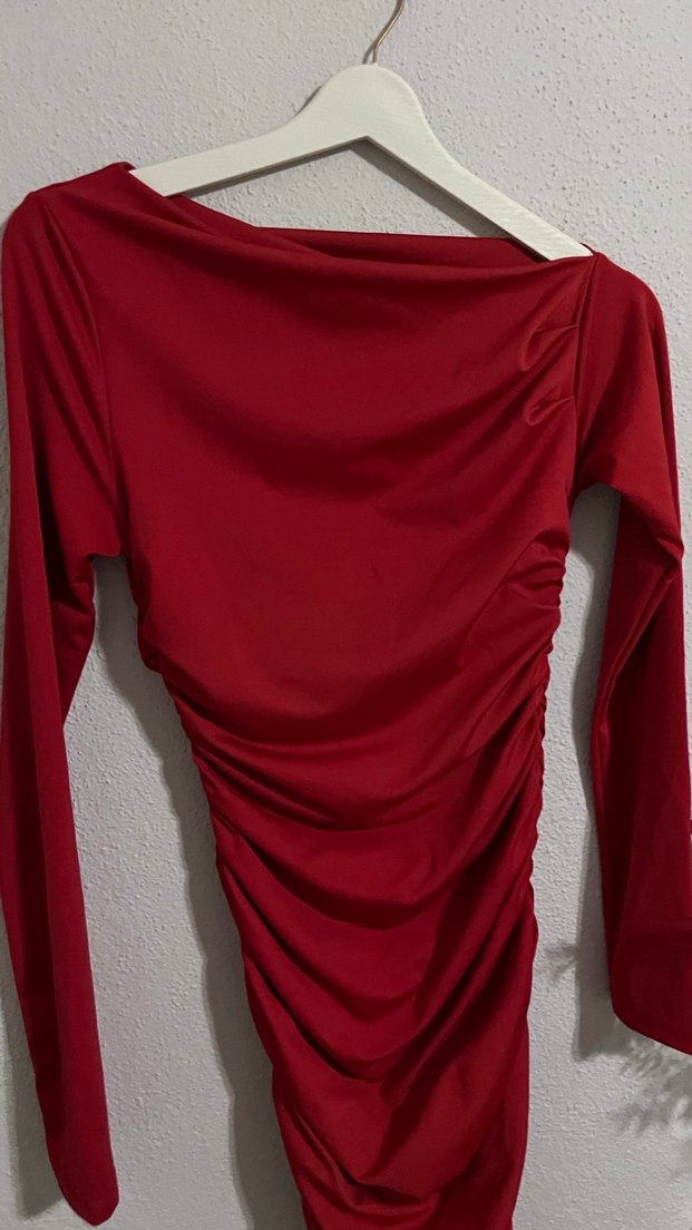 Kırmızı Drapeli Uzun Kollu Kadın Elbise - Görsel 4
