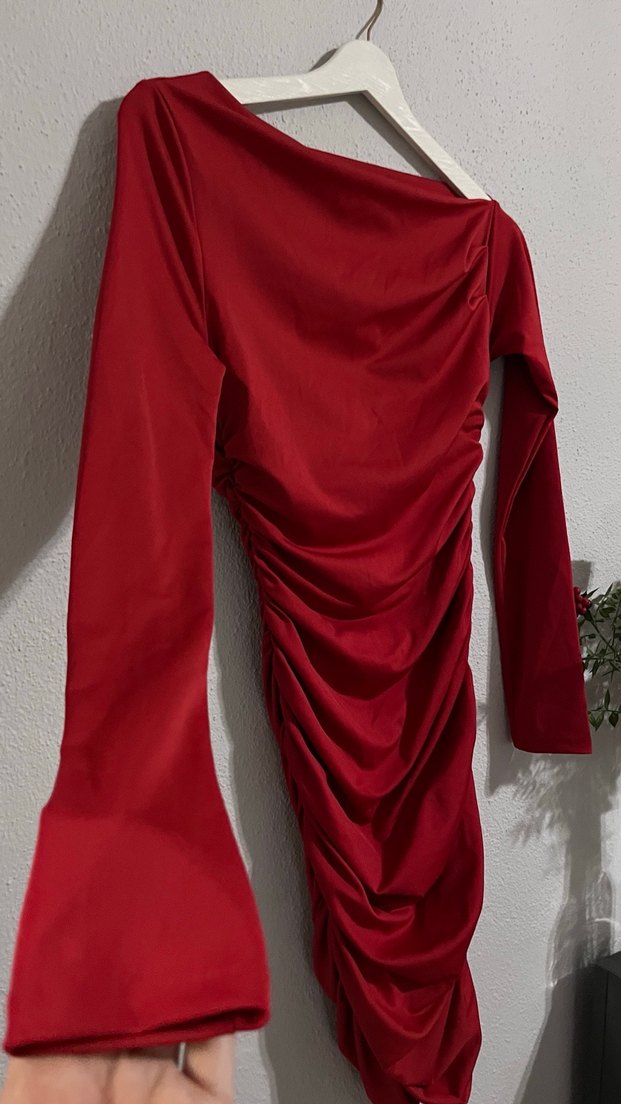 Kırmızı Drapeli Uzun Kollu Kadın Elbise - Görsel 2