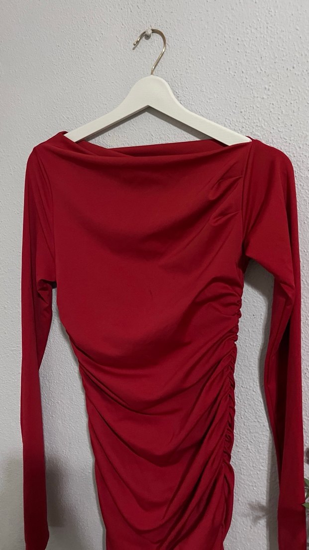 Kırmızı Drapeli Uzun Kollu Kadın Elbise - Görsel 5