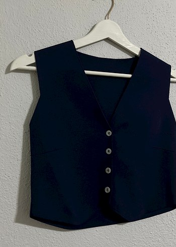 Düğmeli Lacivert V Yaka Kadın Yelek - Görsel 2