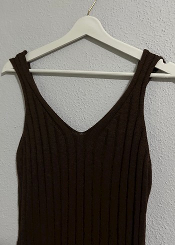 Kahverengi V Yaka Triko Midi Elbise - Görsel 5