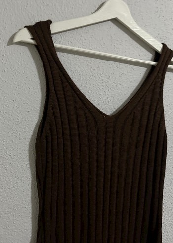 Kahverengi V Yaka Triko Midi Elbise - Görsel 3