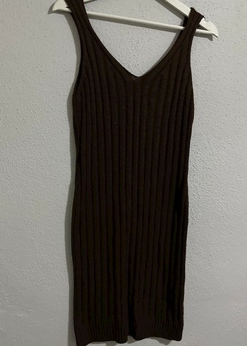 Kahverengi V Yaka Triko Midi Elbise - Görsel 2