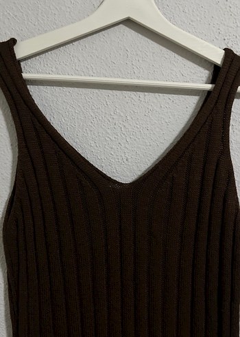 Kahverengi V Yaka Triko Midi Elbise - Görsel 4