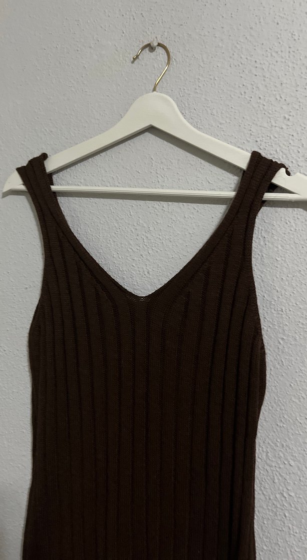 Kahverengi V Yaka Triko Midi Elbise - Görsel 5