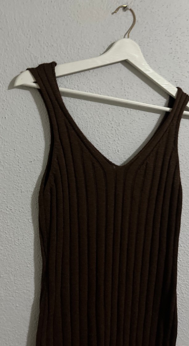 Kahverengi V Yaka Triko Midi Elbise - Görsel 3