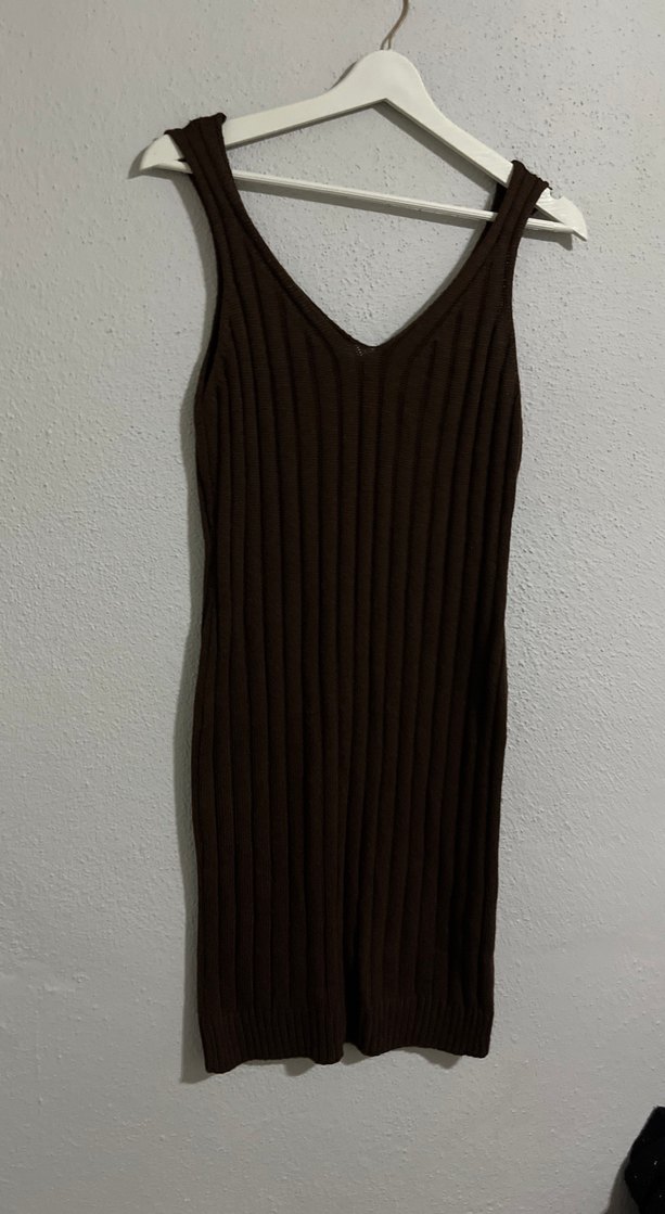 Kahverengi V Yaka Triko Midi Elbise - Görsel 2