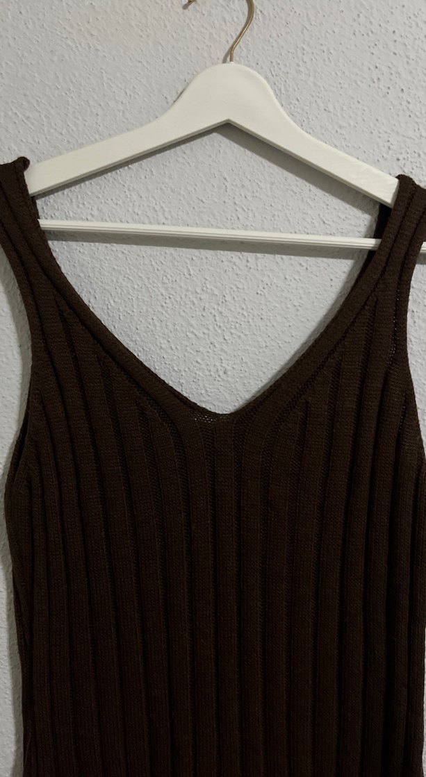 Kahverengi V Yaka Triko Midi Elbise - Görsel 4