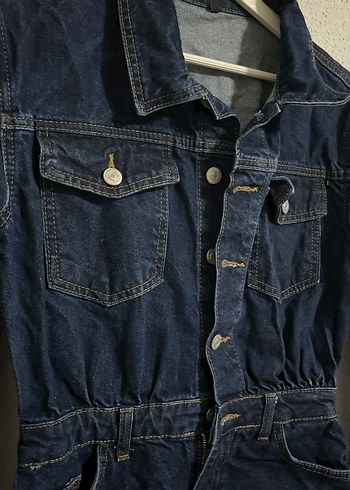 Düğmeli Lacivert Kadın Denim Ceket Elbise - Görsel 3