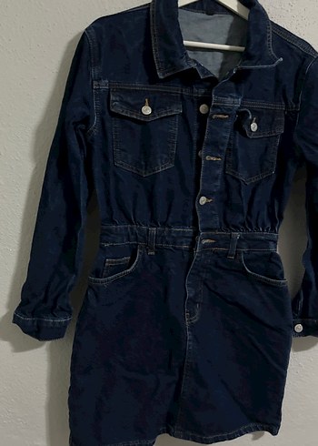 Düğmeli Lacivert Kadın Denim Ceket Elbise - Görsel 2