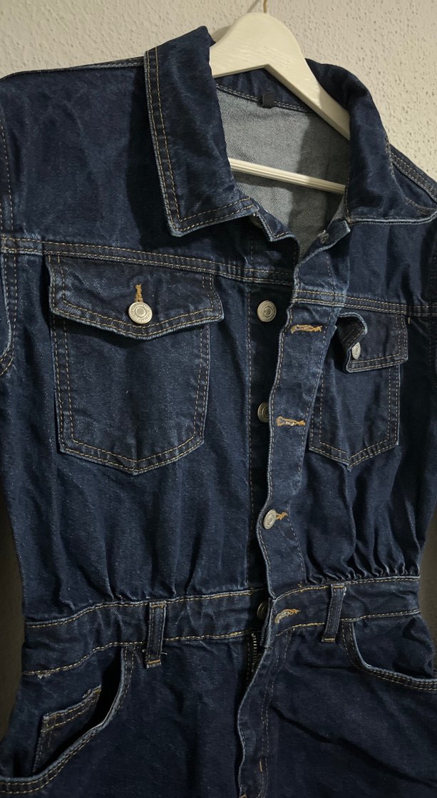 Düğmeli Lacivert Kadın Denim Ceket Elbise - Görsel 3