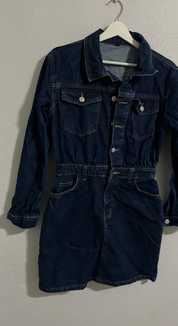 Düğmeli Lacivert Kadın Denim Ceket Elbise - Görsel 2