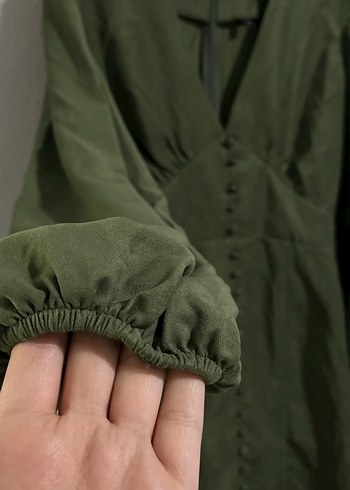 Düğmeli Haki Midi Keten Elbise - Görsel 4