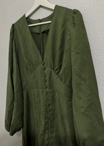 Düğmeli Haki Midi Keten Elbise - Görsel 7