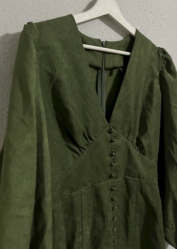 Düğmeli Haki Midi Keten Elbise - Görsel 5