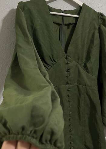 Düğmeli Haki Midi Keten Elbise - Görsel 3