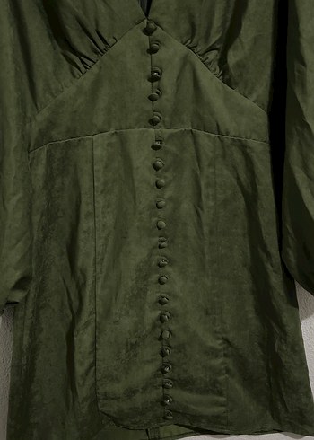 Düğmeli Haki Midi Keten Elbise - Görsel 2