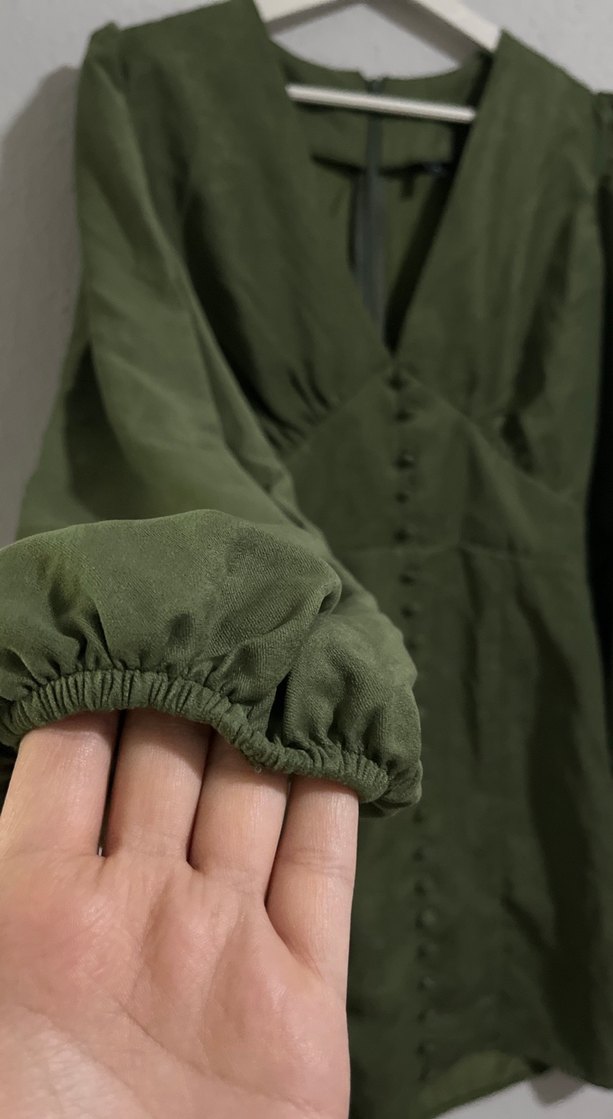 Düğmeli Haki Midi Keten Elbise - Görsel 4