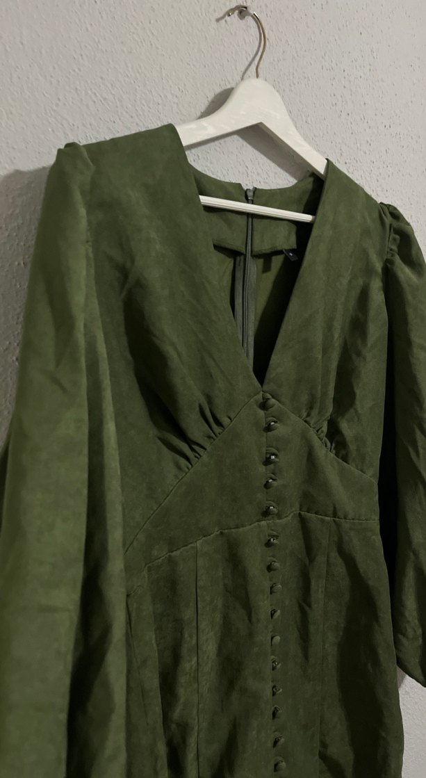 Düğmeli Haki Midi Keten Elbise - Görsel 5