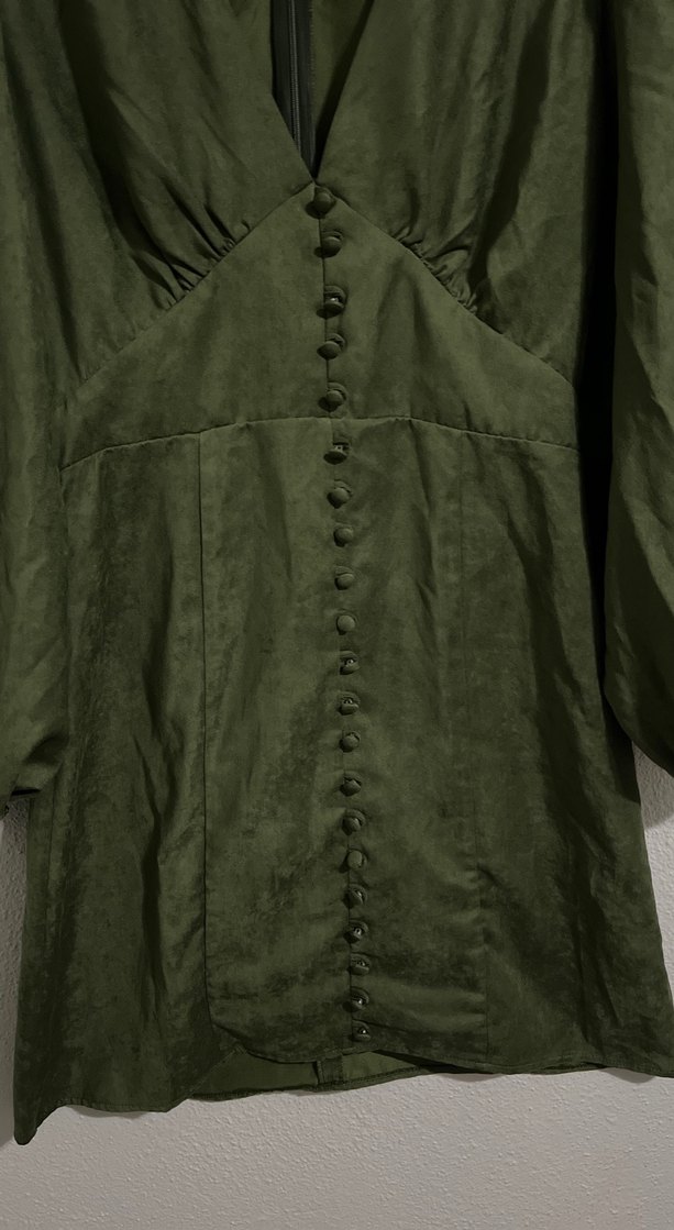 Düğmeli Haki Midi Keten Elbise - Görsel 2