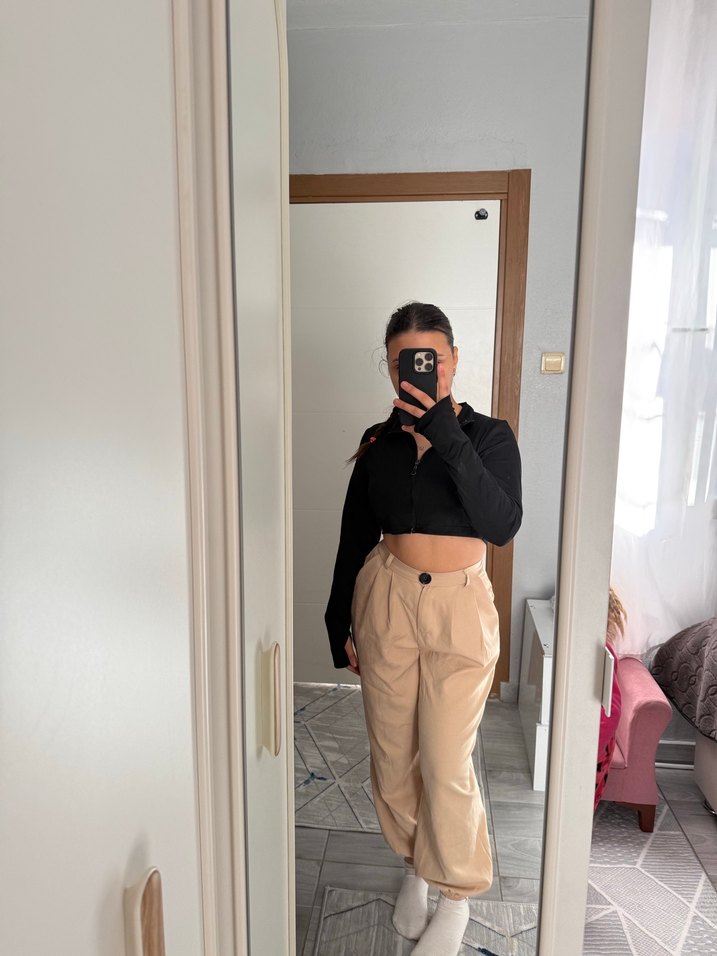 Bej Kadın kumaş Pantolon paça lastikli - Görsel 2