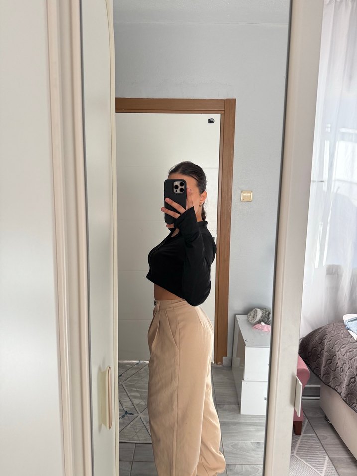 Bej Kadın kumaş Pantolon paça lastikli - Görsel 3