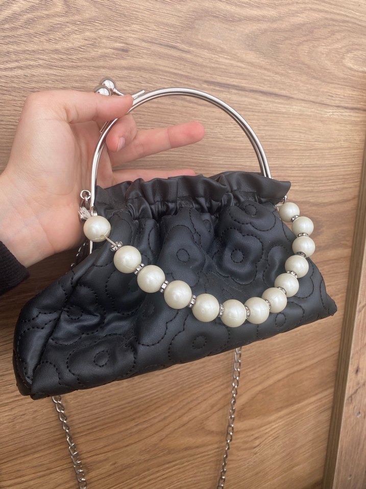 İnci Boncuklu Siyah Kadın El Çantası - Görsel 4