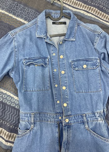 Düğmeli Mavi Kadın Denim Tulum - Görsel 5